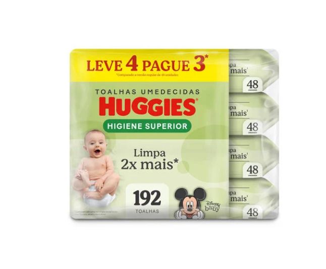 Kit Lenços Umedecidos Huggies Higiene Superior - 4 pacotes 192 lenços