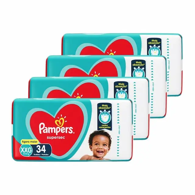 FRALDA DESCARTáVEL PAMPERS SUPERSEC TAMANHO XXG - 4 PACOTES COM 34 TIRAS - TOTAL 136 TIRAS