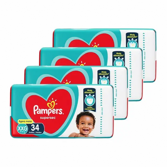 FRALDA DESCARTáVEL PAMPERS SUPERSEC TAMANHO XXG - 4 PACOTES COM 34 TIRAS - TOTAL 136 TIRAS